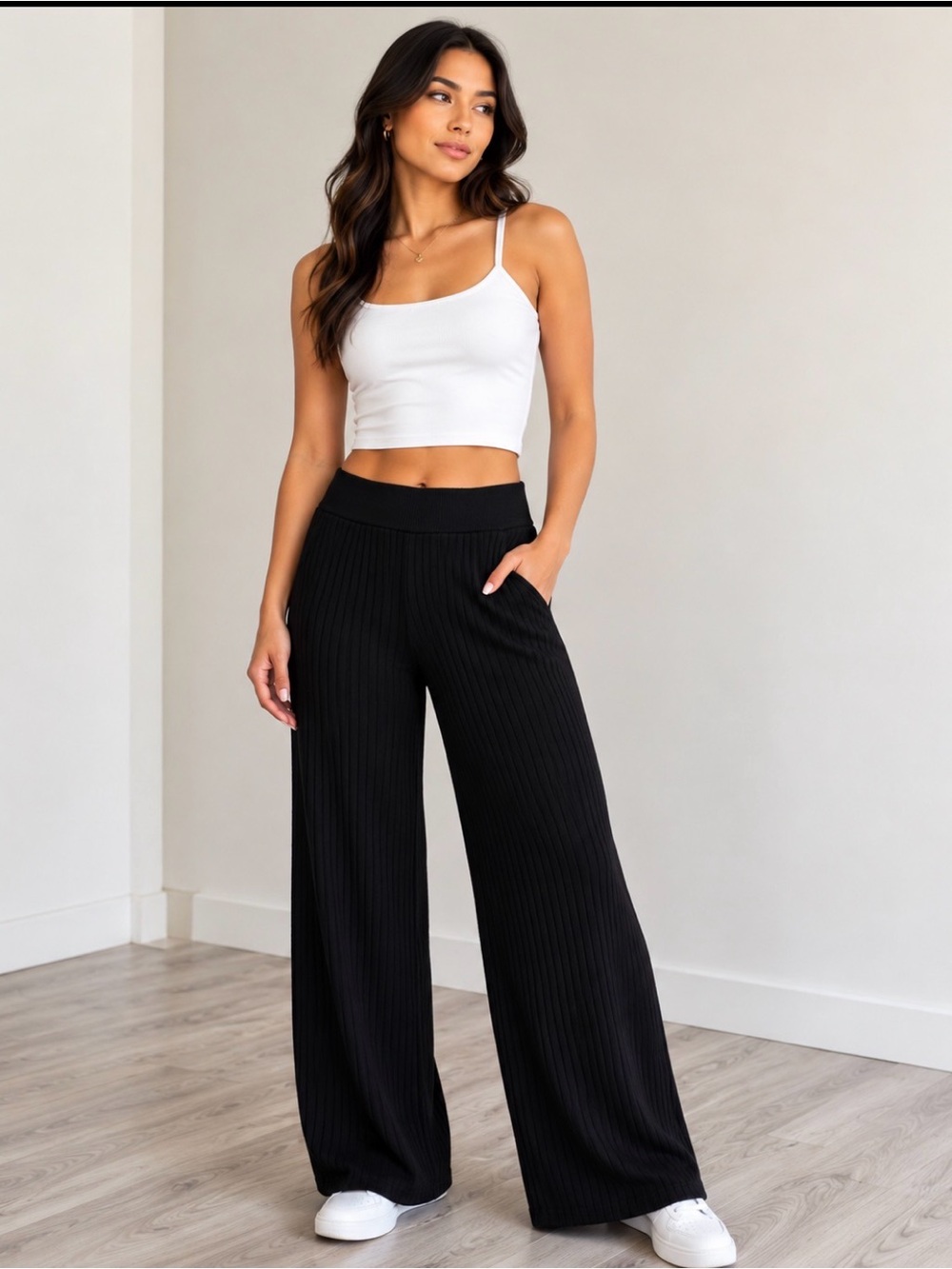 Marled Black Wide-Leg Ribbed Knit Pants